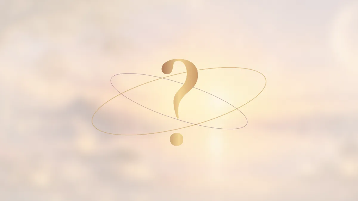 A golden question mark with two orbits